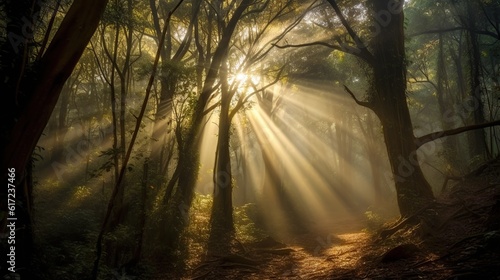 rays of sunlight breaking through the treetops Generative AI