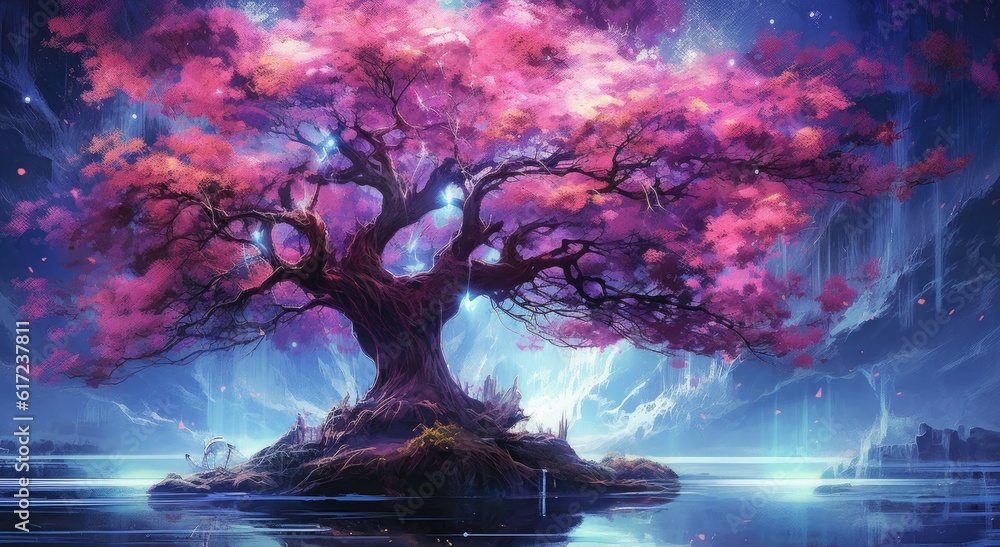 Fototapeta premium Beautiful magic landscape with big tree and lake