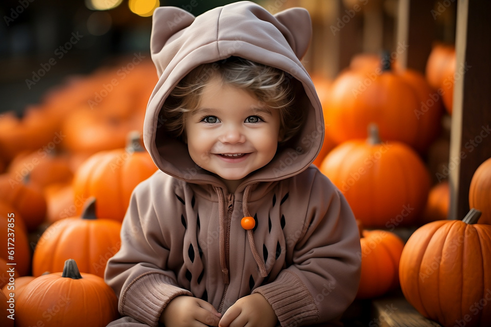 Portrait of a little boy in costume surrounded by pumpkins for halloween celebration. Generative AI.
