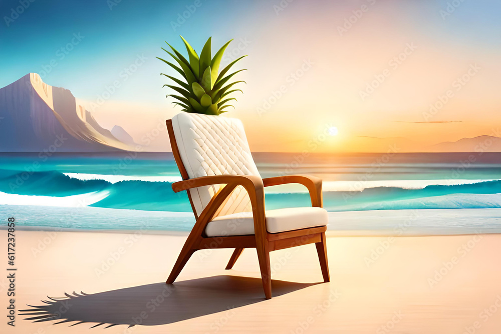 Summer beach concept, with a chair and pineapple