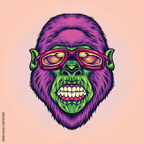 Macho gorilla angry head sporting sunglasses vector illustrations for your work logo, merchandise t-shirt, stickers and label designs, poster, greeting cards advertising business company
