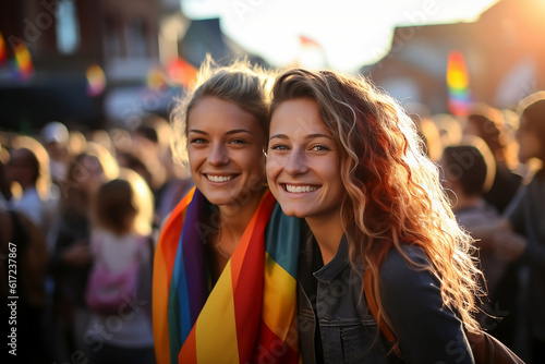 Couple of girls in a pride celebration. Love and Unity in Full Color. Generative AI.