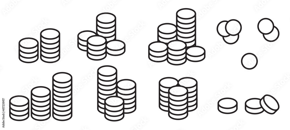 Coin vector icon illustration set. Contains such icon as Money, Currency, Benefit, Finance, Investment, Stack of coins, Payment and more. Expanded Stroke