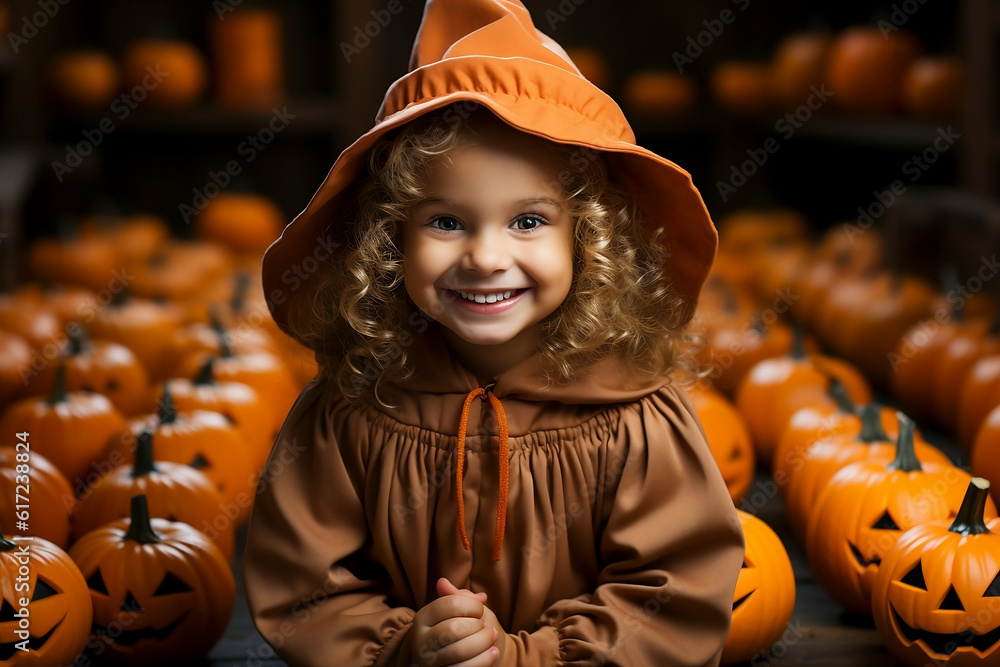Portrait of a little girl in costume surrounded by pumpkins for Halloween celebration. Generative AI.