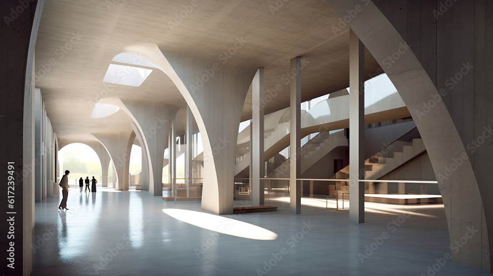 Architectural design of modern concrete hall. Created with Generative AI.