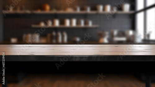 Empty wooden table with blur kitchen background created with Generative AI