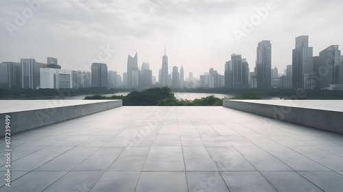 Empty concept roof top of the building with skyline view of the city created with Generative AI