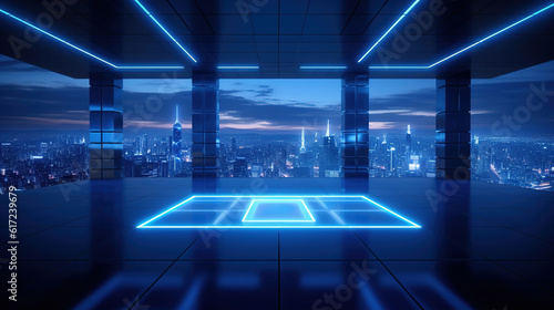 illuminated rooftop futuristic modern architecture and empty floor. Created with Generative AI.