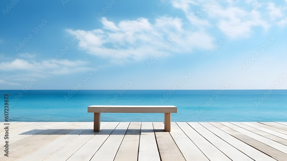 wooden bench on the beautiful blue beach and blue sky created with Generative AI