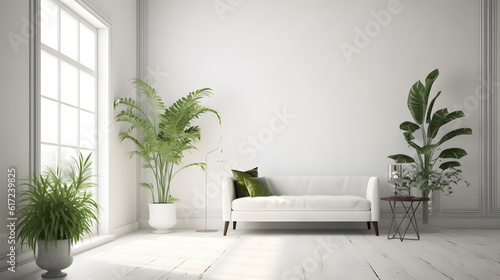 Minimalist modern empty room with sofa  and indoor plant created with Generative AI