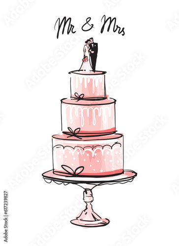 Tiered wedding cake with figurines of the bride and groom, Mr and Mrs. Classic decorated cake on a stand, linear fashion sketch line and watercolor. Wedding decorations. Vector illustration 