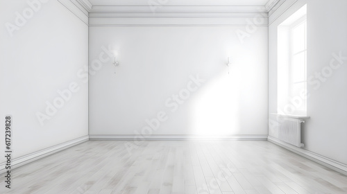 Empty modern white wall room with sunlight created with Generative AI