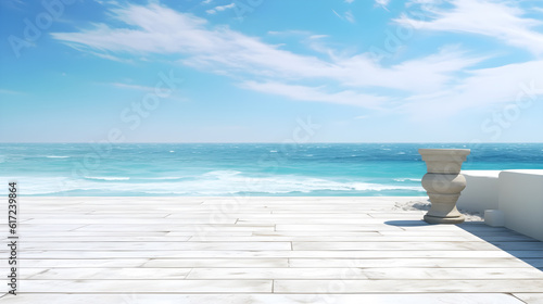 wooden board and beautiful blue beach and blue sky created with Generative AI