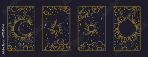 Tarot aesthetic divination cards. Boho tarot design for oracle card covers. Vector illustration isolated in dark background