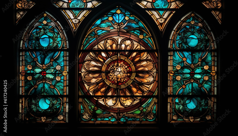 Stained glass illuminates ornate altar inside chapel generated by AI Stained glass illuminates ornate altar inside chapel generated by AI