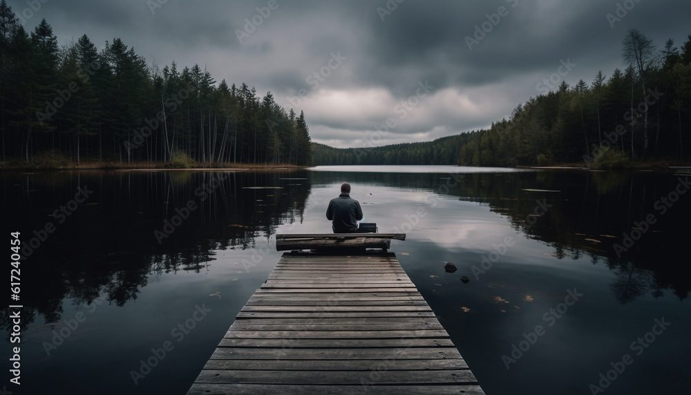 Tranquil scene of people meditating by water generated by AI Tranquil scene of people meditating by water generated by AI