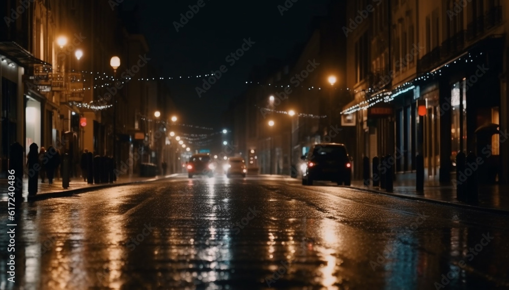 Bright headlights illuminate city streets in motion generated by AI
