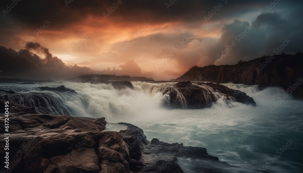 Fototapeta premium Majestic cliff reflects dramatic sky at dusk generated by AI