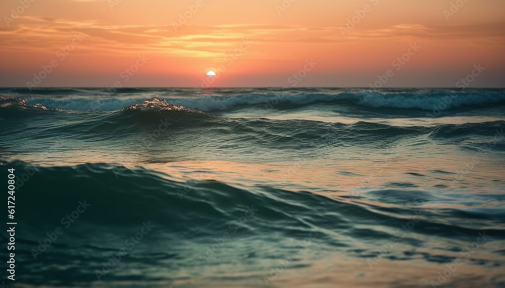 Orange sunset over tranquil wave patterned water generated by AI
