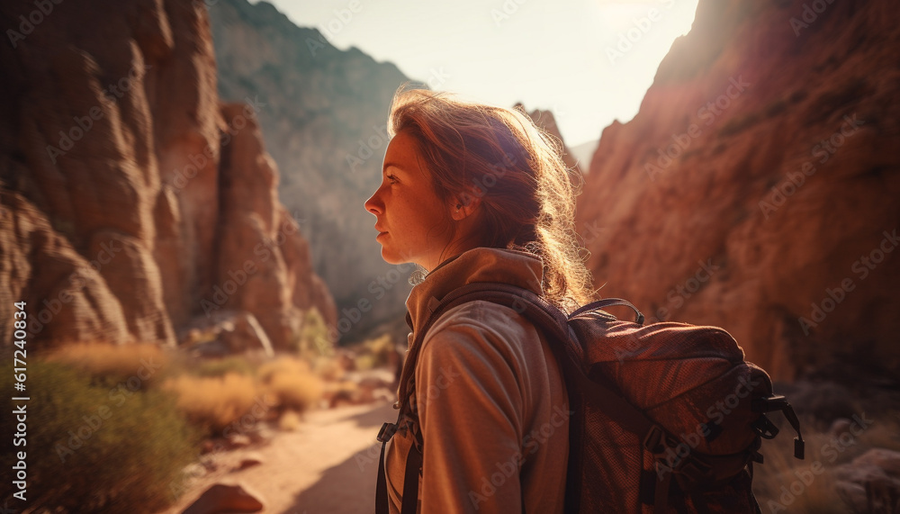 Young woman hiking mountain peak, exploring nature generated by AI