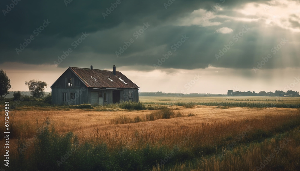 Abandoned farm in spooky autumn forest at dusk generated by AI Abandoned farm in spooky autumn forest at dusk generated by AI