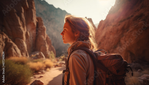 Young woman hiking mountain peak, exploring nature generated by AI