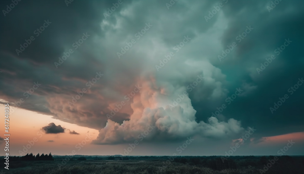 Obraz premium Dramatic sky over tranquil meadow at dusk generated by AI