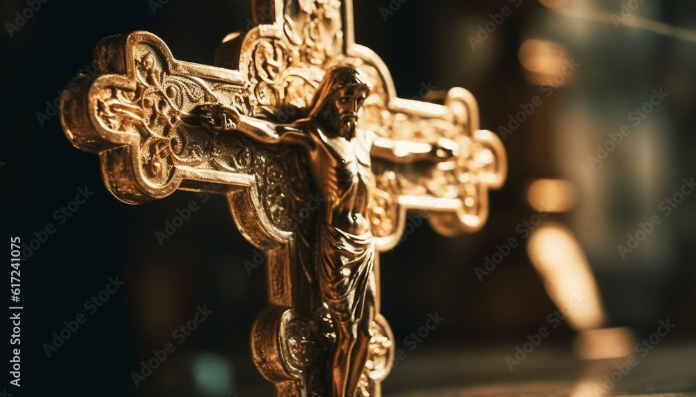 Close up of old wooden religious cross praying generated by AI - obrazy, fototapety, plakaty 