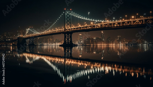Illuminated cityscape reflects on water under suspension bridge generated by AI