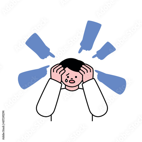 Many hands pointing towards a man and accusing him. outline simple vector illustration.
