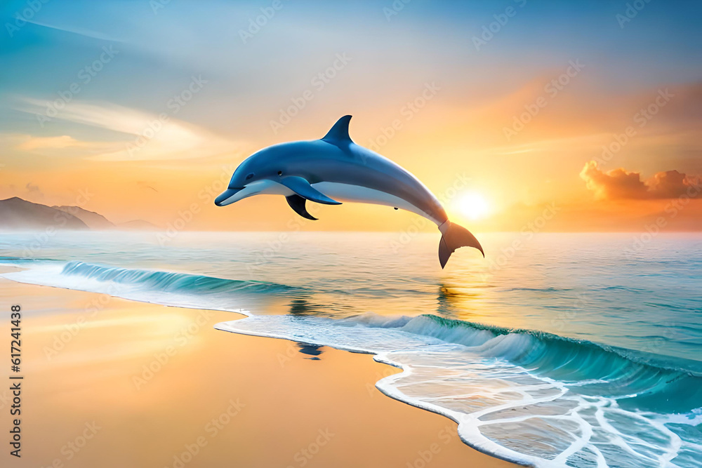 A playful dolphin with summer vacation, travel holiday, and beach accessories against a beautiful sea background A playful dolphin with summer vacation, travel holiday, and beach accessories against a beautiful sea background