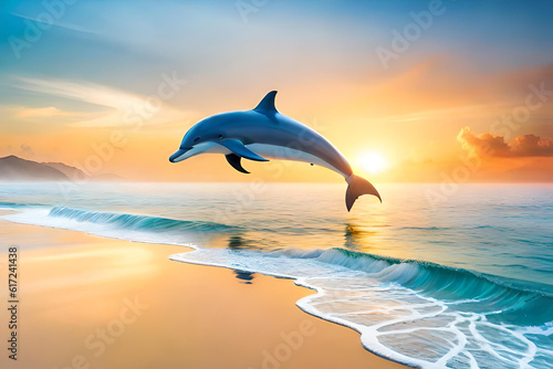 A playful dolphin with summer vacation, travel holiday, and beach accessories against a beautiful sea background