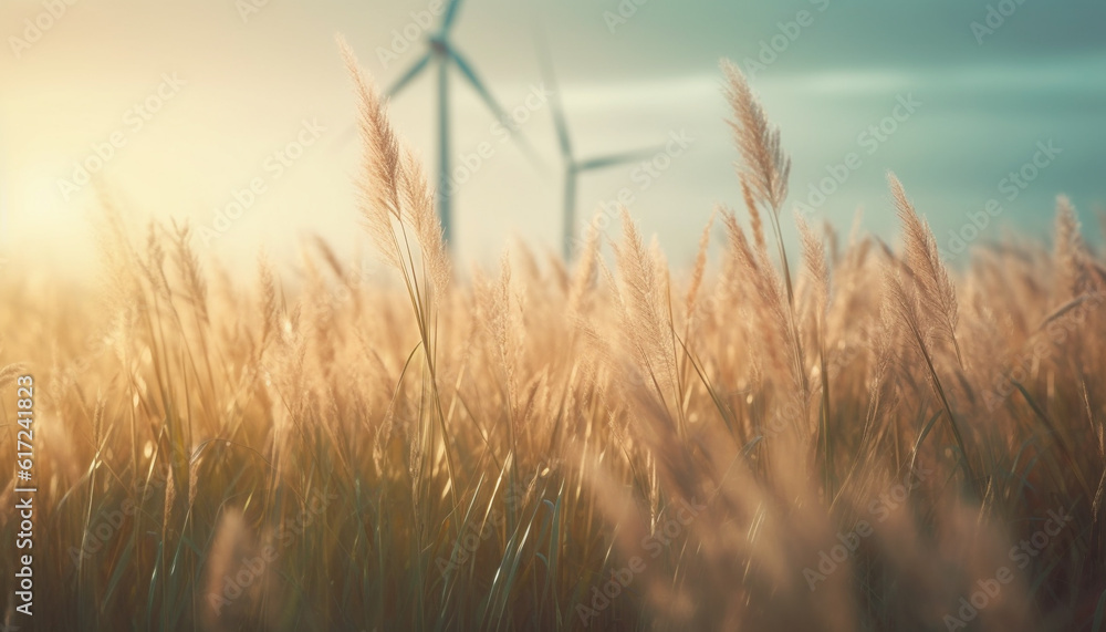 Obraz premium Sunset silhouette of wind turbine in meadow generated by AI