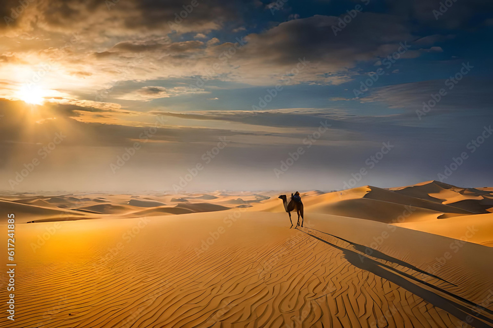 An awe-inspiring desert landscape at dawn, vast golden dunes stretching into the distance