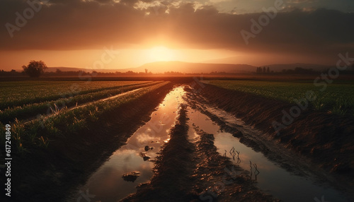 Sunset over rural farm  tranquil beauty in nature generated by AI