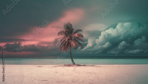 Palm trees sway in tranquil Caribbean sunset generated by AI