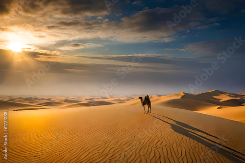 An awe-inspiring desert landscape at dawn, vast golden dunes stretching into the distance