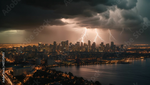 Electricity illuminates city skyline during thunderstorm night generated by AI