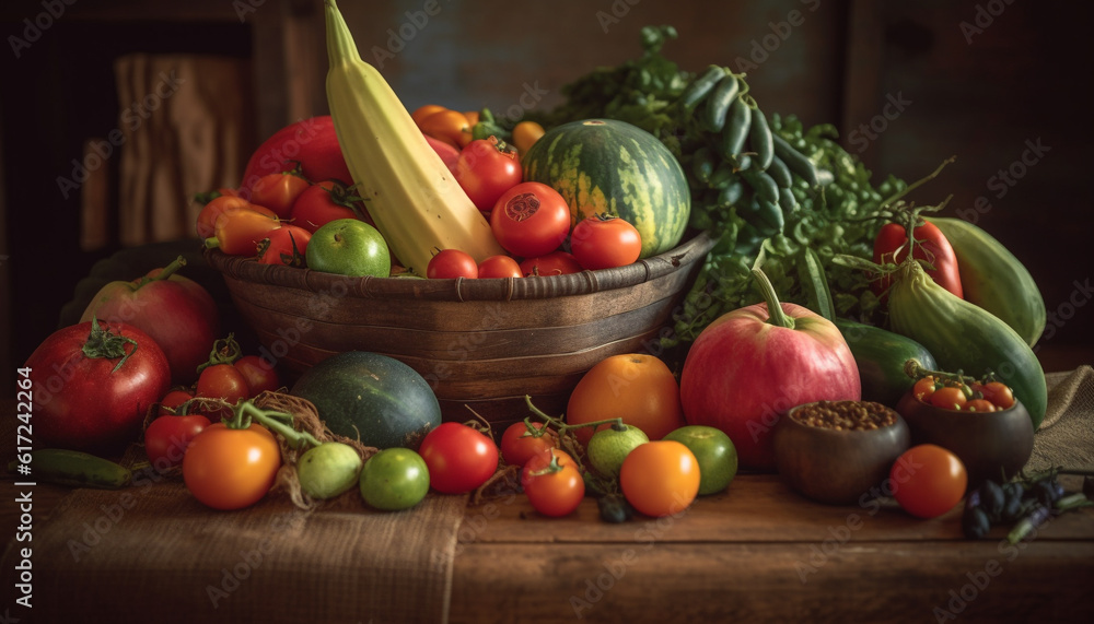 Fresh organic vegetables in rustic autumn basket generated by AI Fresh organic vegetables in rustic autumn basket generated by AI