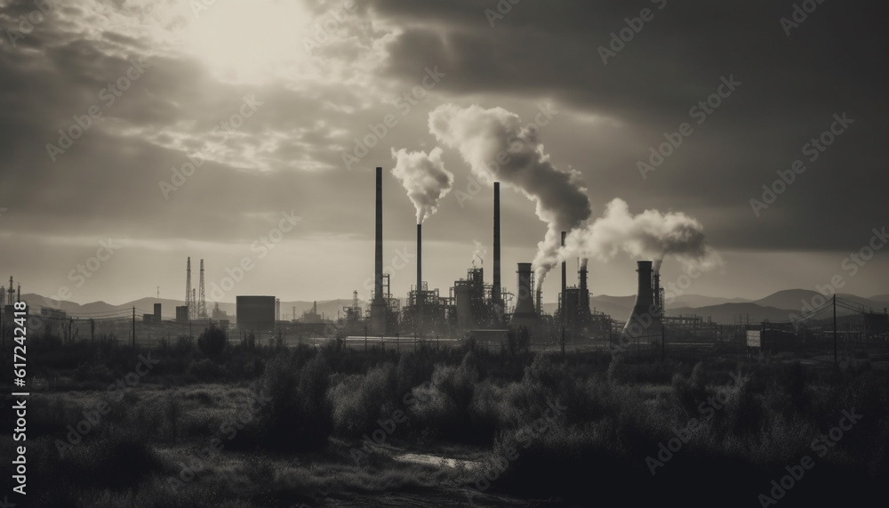 Smokestack silhouette pollutes sky in manufacturing industry generated by AI Smokestack silhouette pollutes sky in manufacturing industry generated by AI