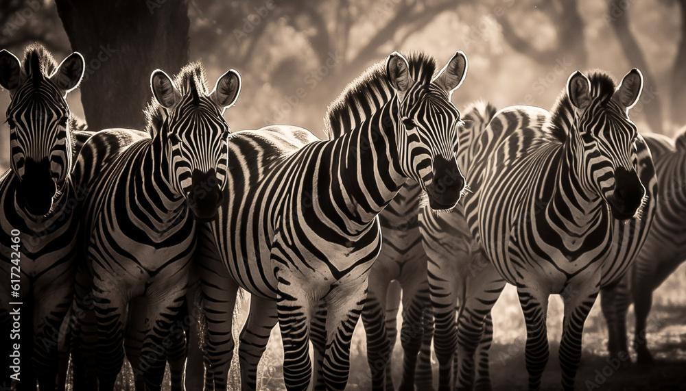 Fototapeta premium Striped zebra herd in a row on savannah generated by AI