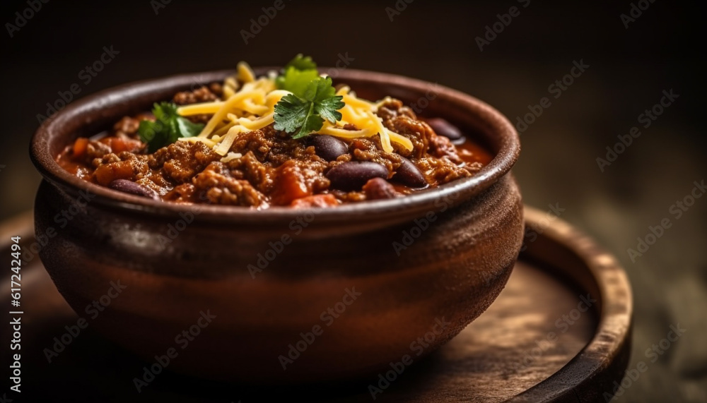 Freshly cooked vegetarian stew on rustic pottery plate generated by AI Freshly cooked vegetarian stew on rustic pottery plate generated by AI