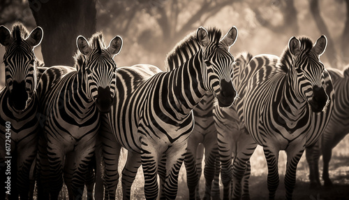 Striped zebra herd in a row on savannah generated by AI