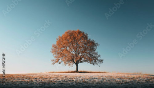 Tranquil autumn meadow, tree trunk, back lit generated by AI