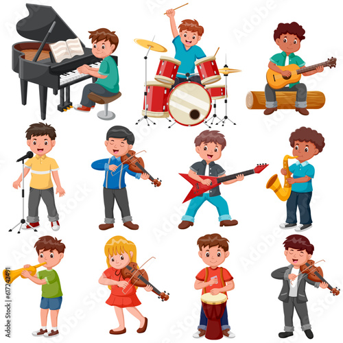 Set of Little Children Playing Various Instruments. Vector illustration