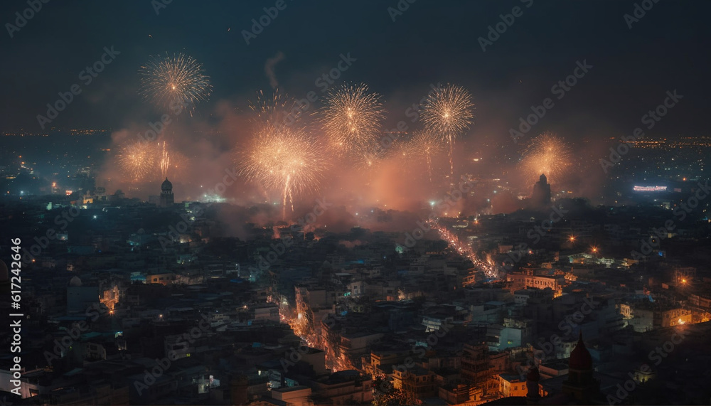 Glowing city skyline ignites celebration with fireworks generated by AI Glowing city skyline ignites celebration with fireworks generated by AI