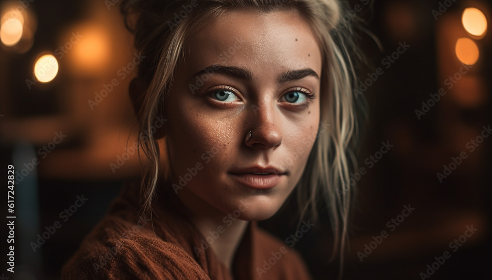 One beautiful woman looking at camera, smiling generated by AI One beautiful woman looking at camera, smiling generated by AI