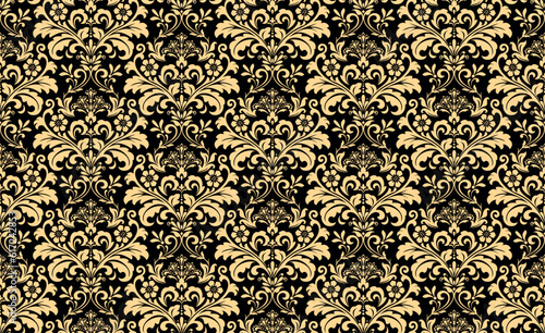 Wallpaper in the style of Baroque. Seamless vector background. Gold and black floral ornament. Graphic pattern for fabric, wallpaper, packaging. Ornate Damask flower ornament