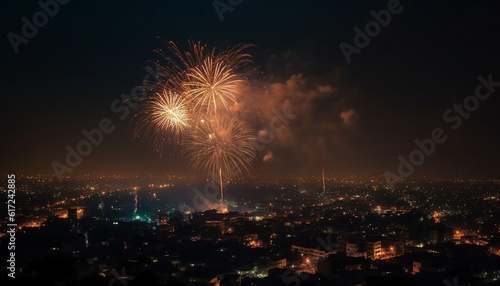 Bright fireworks exploding over illuminated city skyline generated by AI