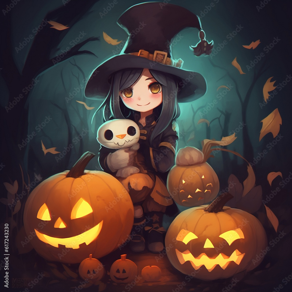 Halloween pumpkin with witch, Created with generative AI Halloween pumpkin with witch, Created with generative AI